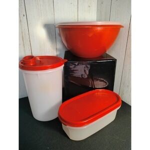 Tupperware Vintage red/orange mix lot pitcher, Wonderlier Bowl, Mod Mate (F4)